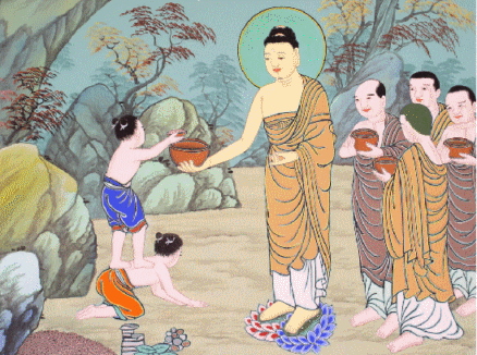 어린아이로부터 흙을 공양받는 석가. 그의 발 밑을 보자.